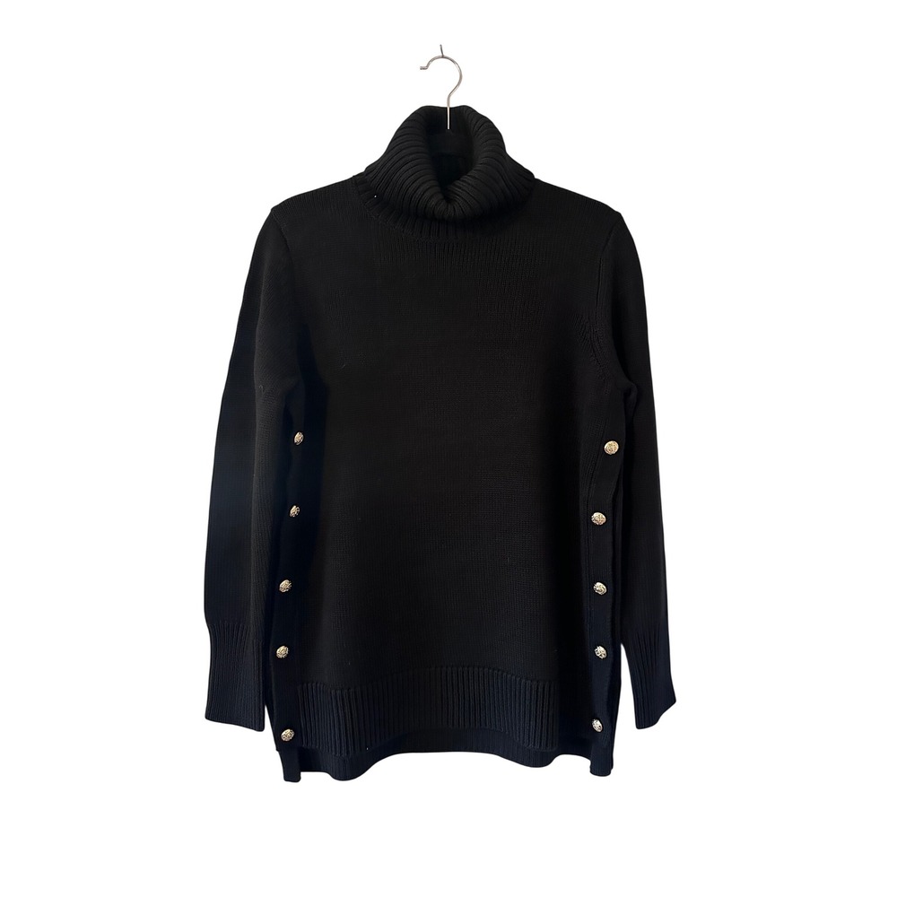 Tuckernuck Black Sophia Sweater Tunic SZ S Gold Button Turtleneck Wool Blend